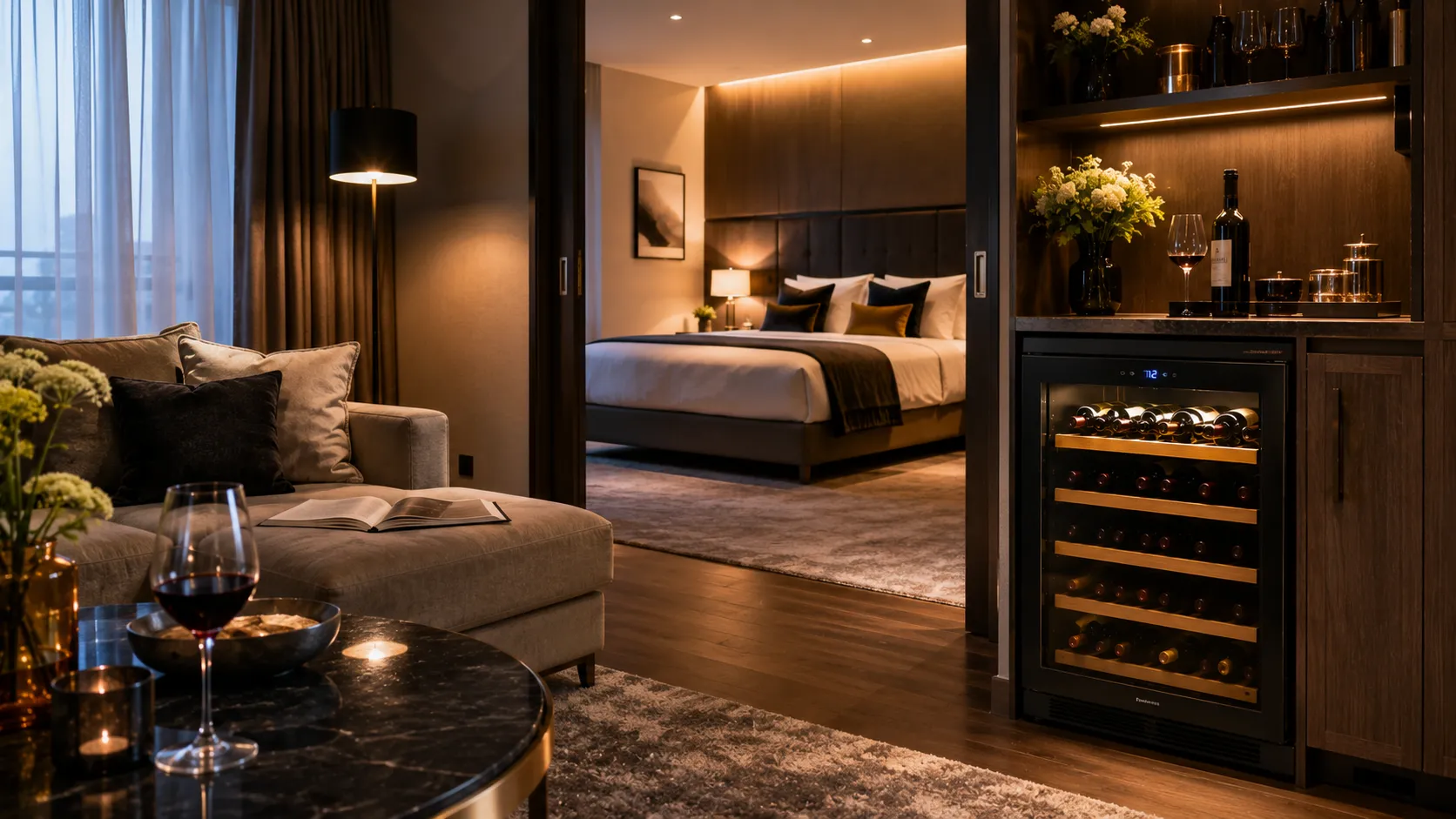 Jak wyposażyć elegancki apartament hotelowy? Przeszklona chłodziarka do wina jako element strefy premium